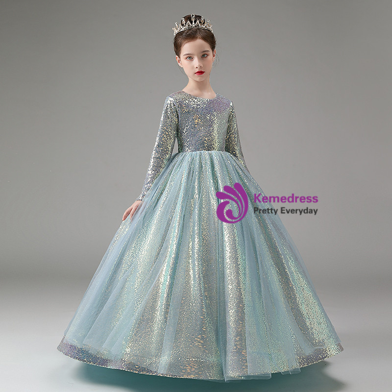 Girls Embroidered Sequins Tulle Dress Big Bow Flower Girl Dress