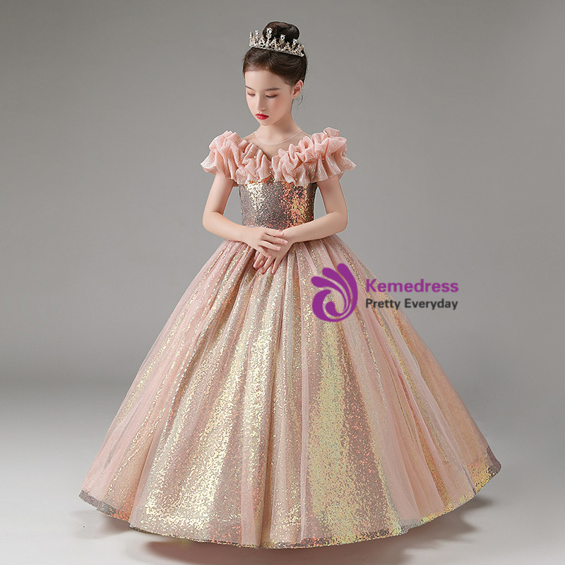 Girls Sequins Glitter Floral Tulle Pageant Party Flower Girl Dress