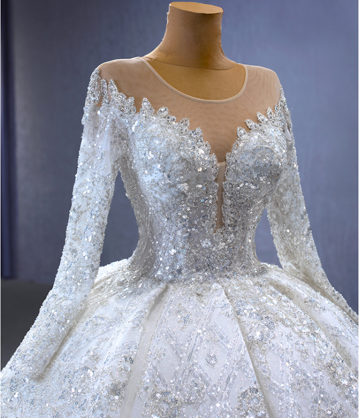 White Tulle Sequins High Neck Long Sleeve Wedding Dress