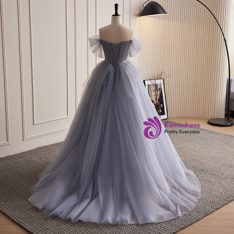 Gray Blue Tulle Sequins Off the Shoulder Beading Crystal Formal Prom Dress main image 0