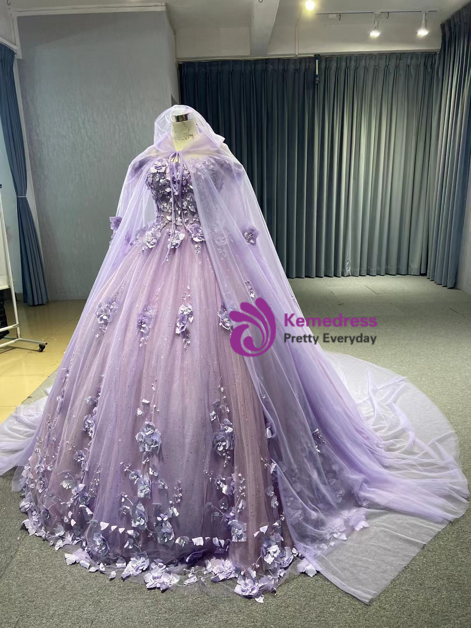 Purple Tulle Prom Dress One Shoulder Fairy Long Sleeve 3D Floral Appliques Evening Dress main image 0