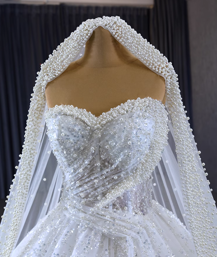 White Ball Gown Tulle Sequins Off the Shoulder Pearls Wedding Dress
