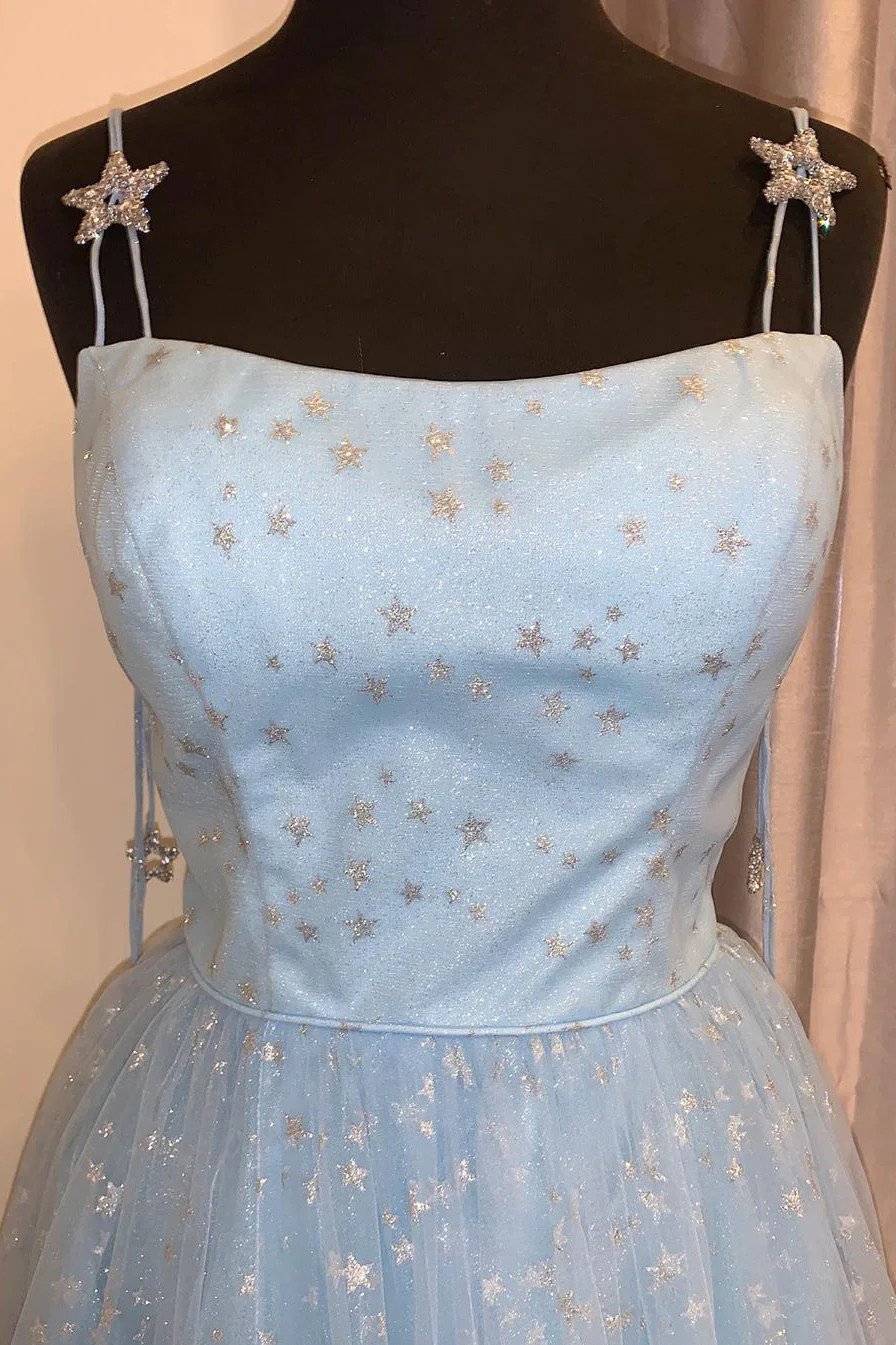 Long Spaghetti Straps Tulle Dress with Sweetheart Neck Ocean Blue