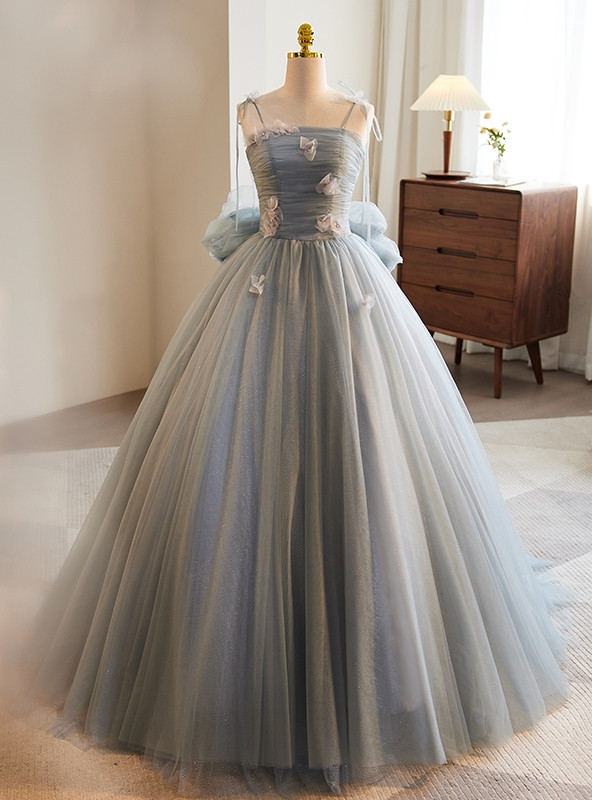 Spaghetti Straps Flower Appliqued Tulle Dress Grape main image 1