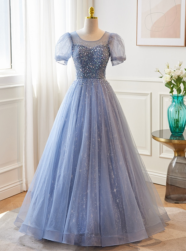 Purple Tulle Square Short Sleeve Beading Prom Dress main image 0