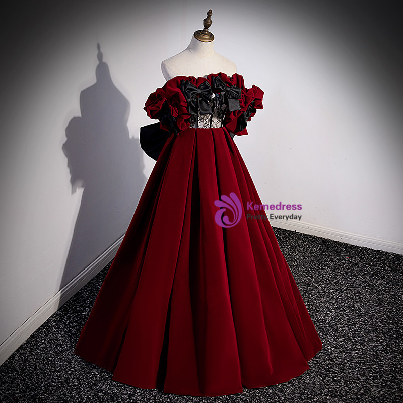 Burgundy Memraid Off the Shoulder Bow Evening Prom Dress main image 1