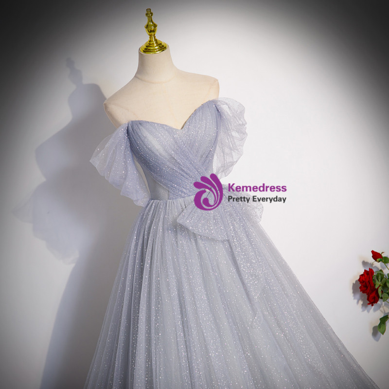 Off The Shoulder Tulle Pleats Prom Dresses LBQ0449