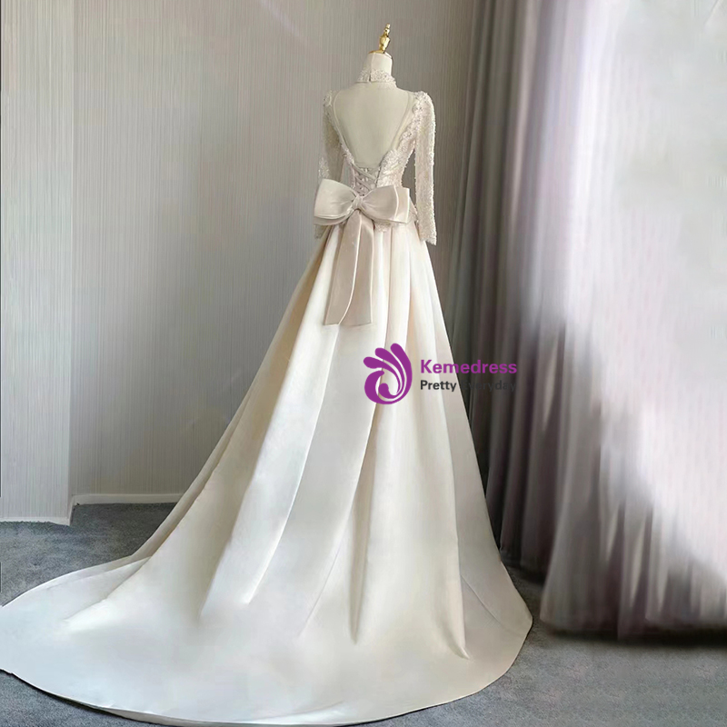 Ivory Satin Long Sleeve Wedding Dress