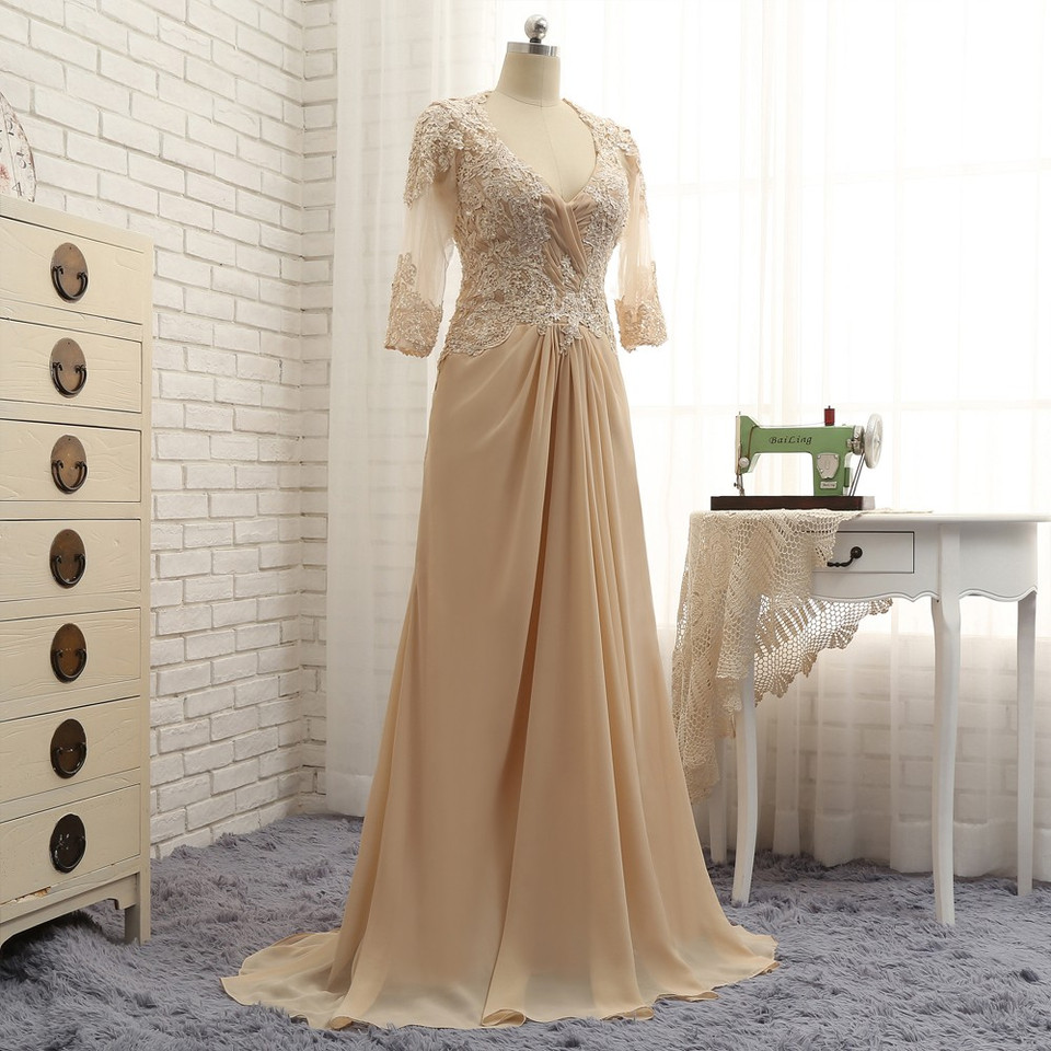 Cicinia Champagne Mother Of The Bride Dress Chiffon Lace Beaded A-line Half Sleeves High Low Hemline
