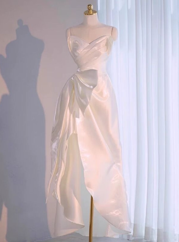 Classy Strapless White Satin Pleated Sheath Long Wedding Guest Dress Evening Dress