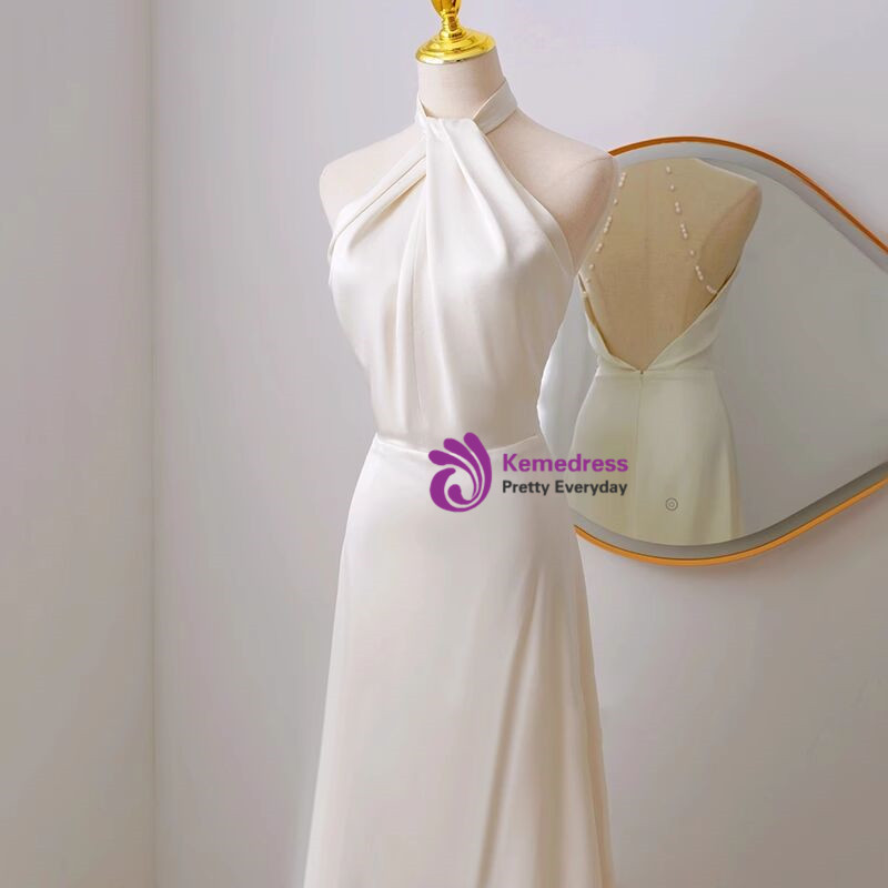 Ivory Silk Satin Plunging V Neck Backless Wedding Dresses With Sleeves, PW502 main image 1