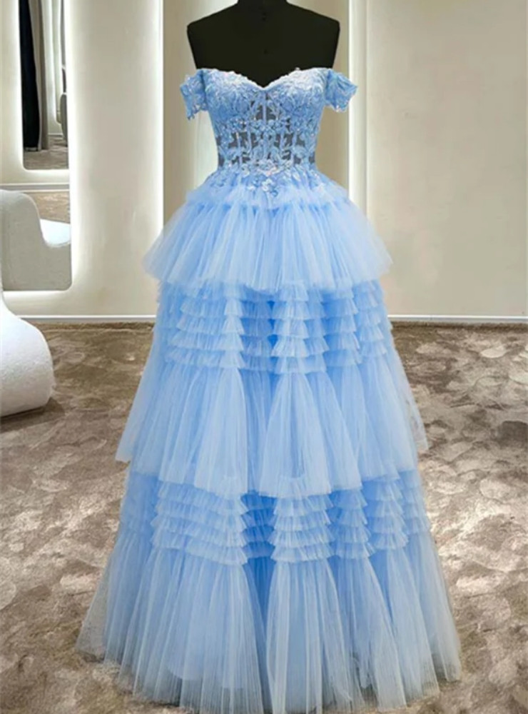 Blue Off the Shoulder Ruffle Tiered Tulle Long Prom Dresses with Appliques