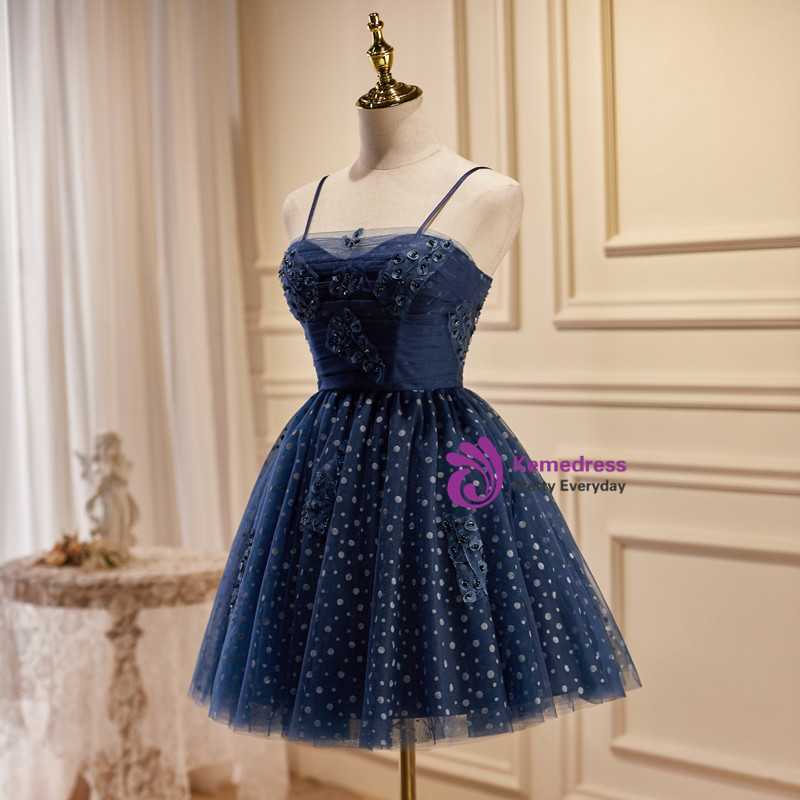Navy Blue Short Prom Dress Spaghetti V-neck Tulle Homecoming Dresses OM432 main image 0