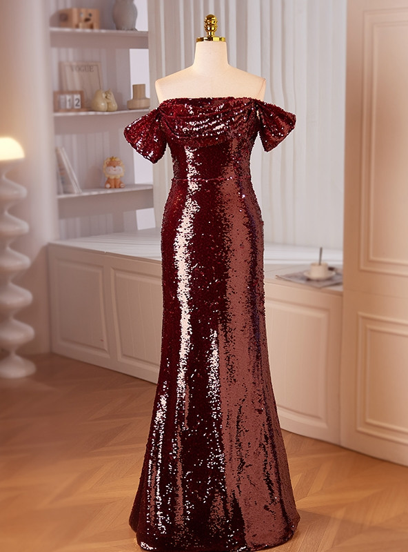 Mermaid Appliqued Slit Off-The-Shoulder Prom Dress Burgundy main image 1