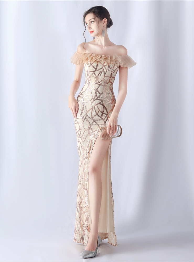 Anna Gold Luxury Sequins Square Neck Women Party Dress