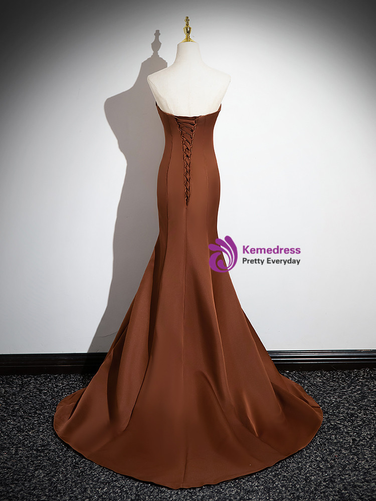 Mermaid Satin Tulle Long Brown Prom Dress