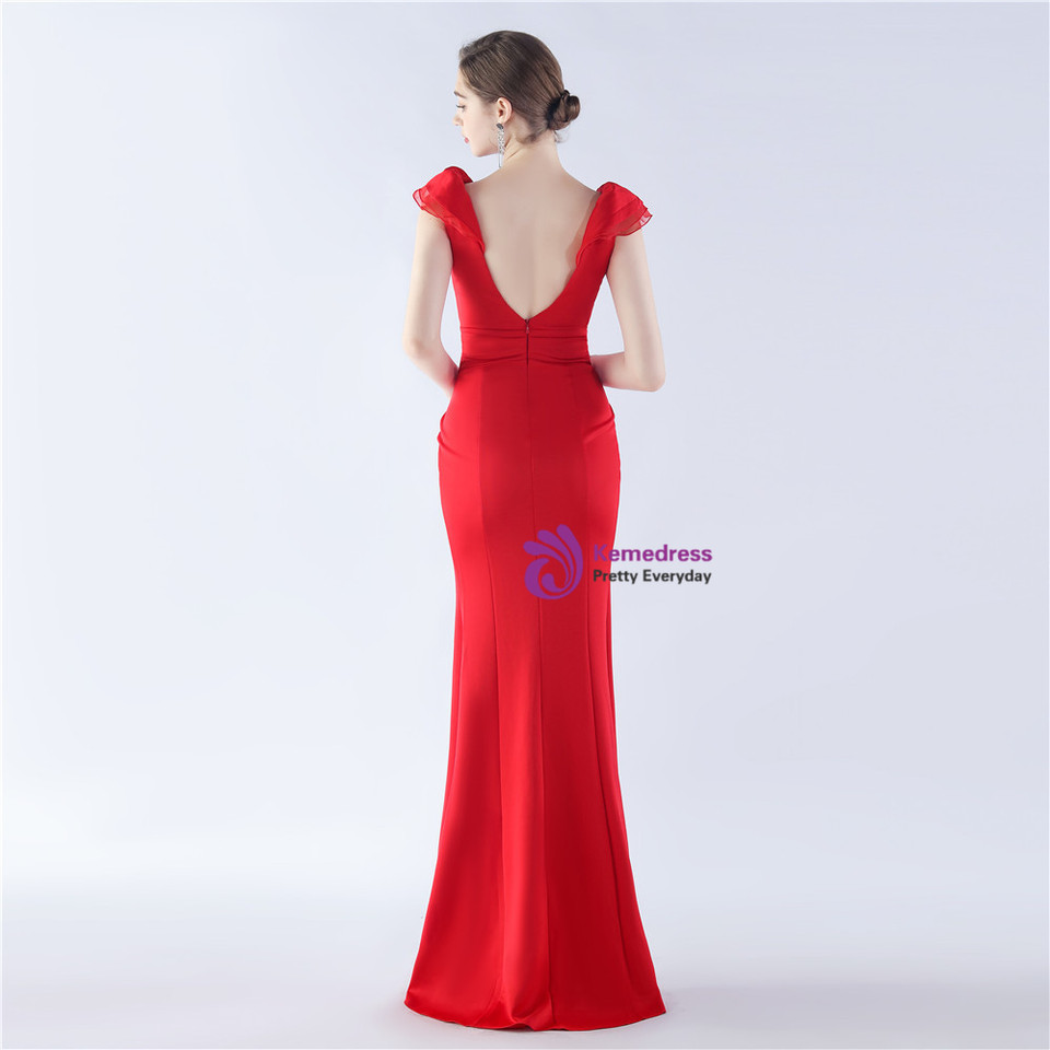 V Neckline Deep Red Mermaid Party Dress