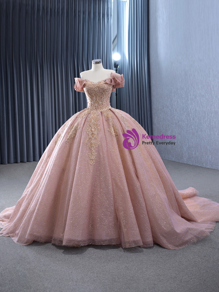 Pink Tulle Sequins Lace Off the Shoulder Prom Dress main image 0