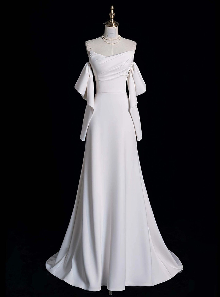 Unique Mermaid Strapless Lace Pleats White Satin Ruffles Wedding Dresses