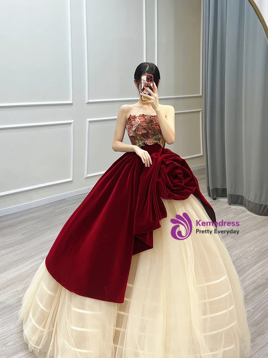 Champagne Tulle and Velvet Low Back Beaded Prom Dress, Long Party Dress