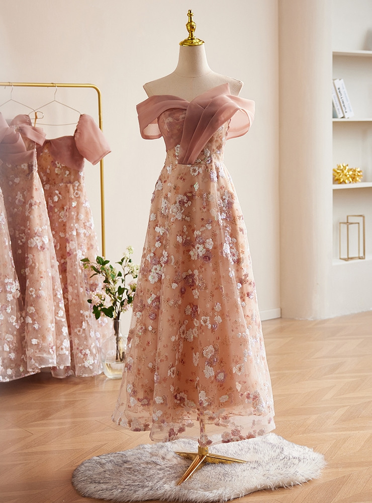 Blue Tulle Sequins Pleats Puff Sleeve Evening Prom Dress