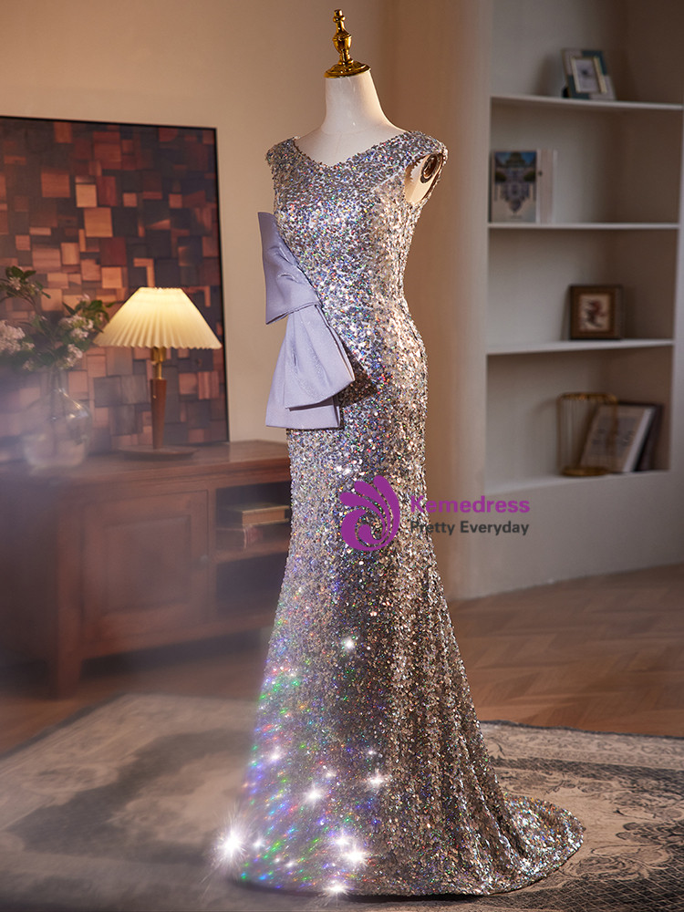 Luxury Champagne Evening Dresses For Women 2025 Long Sleeve Mermaid Formal Sequins V-neck Prom Wedding Party Gowns