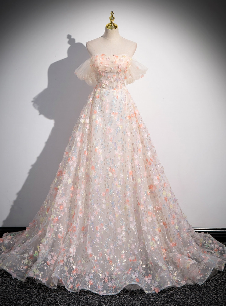 Ball Gown Champagne Off the Shoulder Half Sleeves Tulle Prom Dress LBQ3468