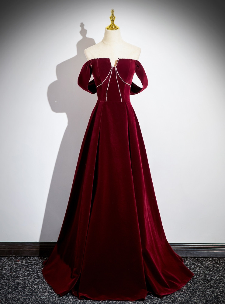 Burgundy Ball Gown Off The Shoulder Bow Prom Dress