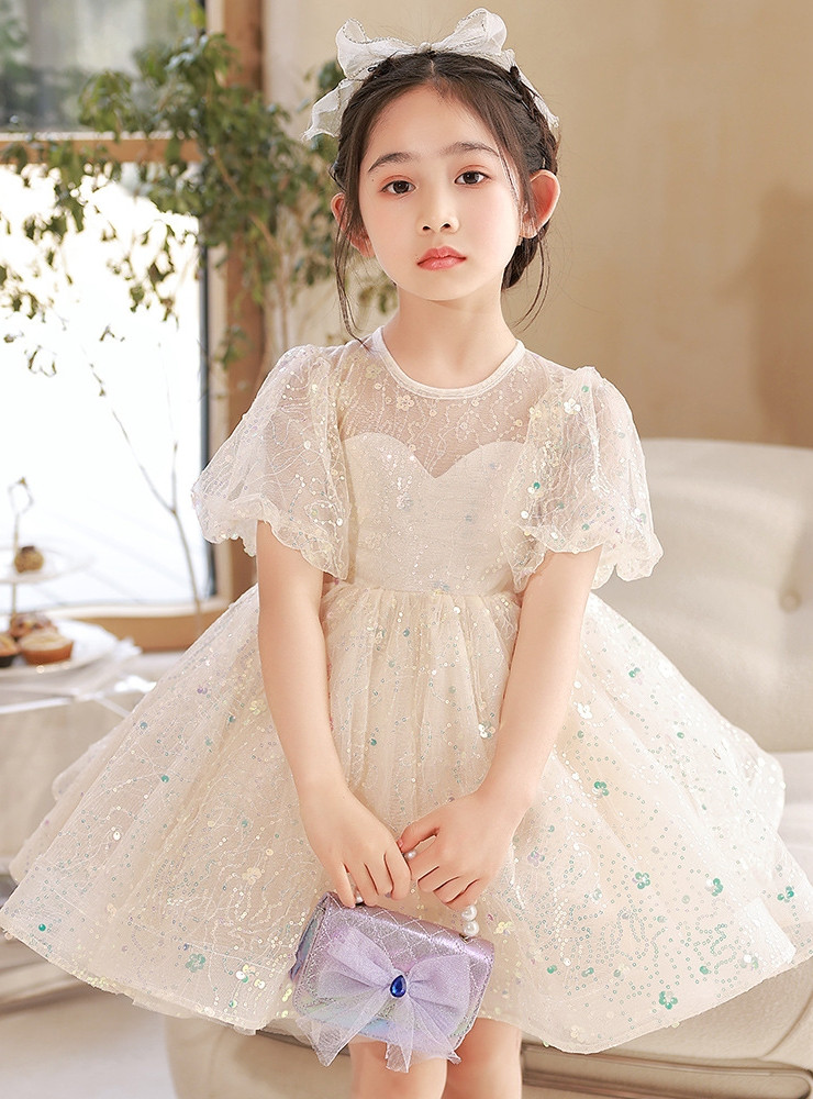 Champagne Puff-Sleeve Floral Gala Dress