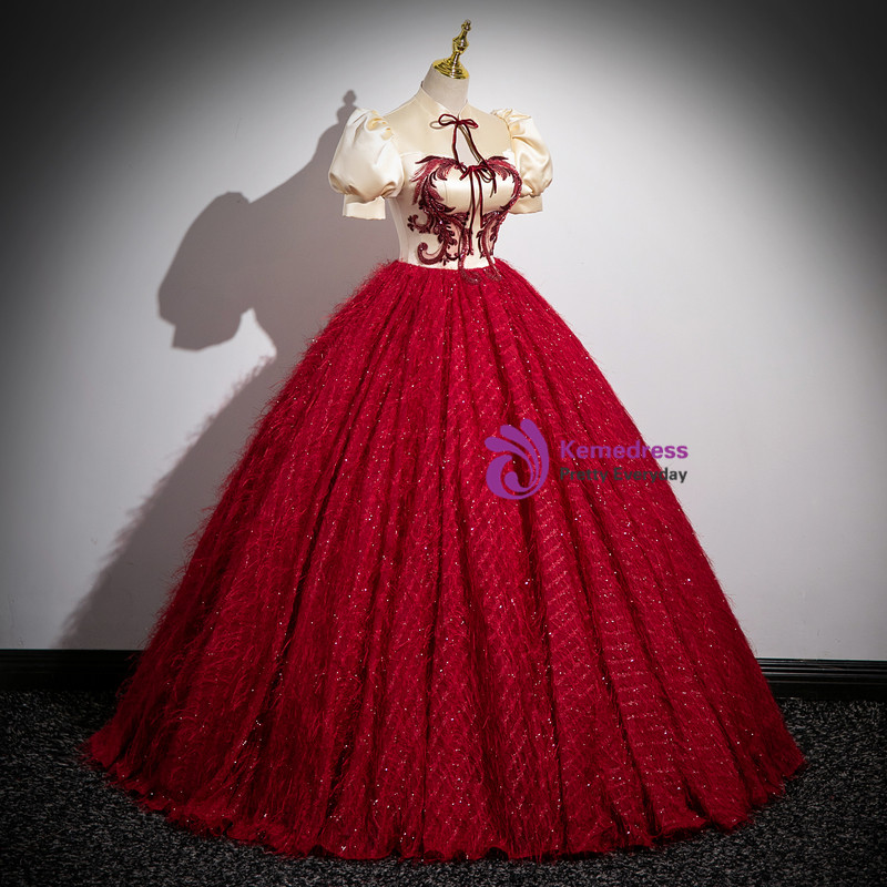 Burgundy Ball Gown Sequin Long Sleeve Quinceanera Dresses Y4442 main image 1