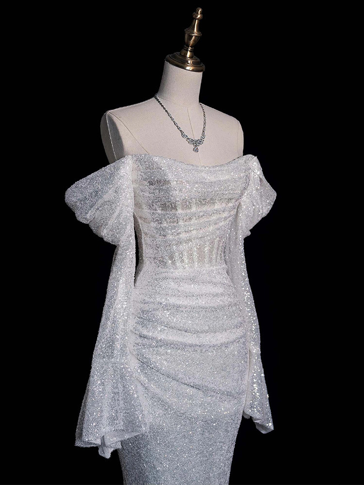 Chic Mermaid Square Neckline Sequin White Long Wedding Dresses With Train