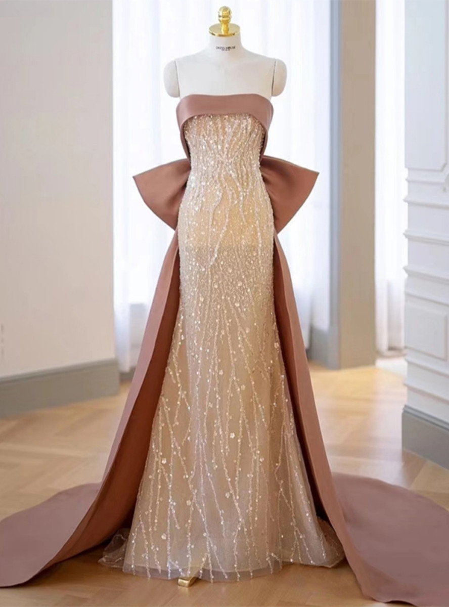 Strapless Sequin Tassel Corset Dress Champagne Homecoming Dress