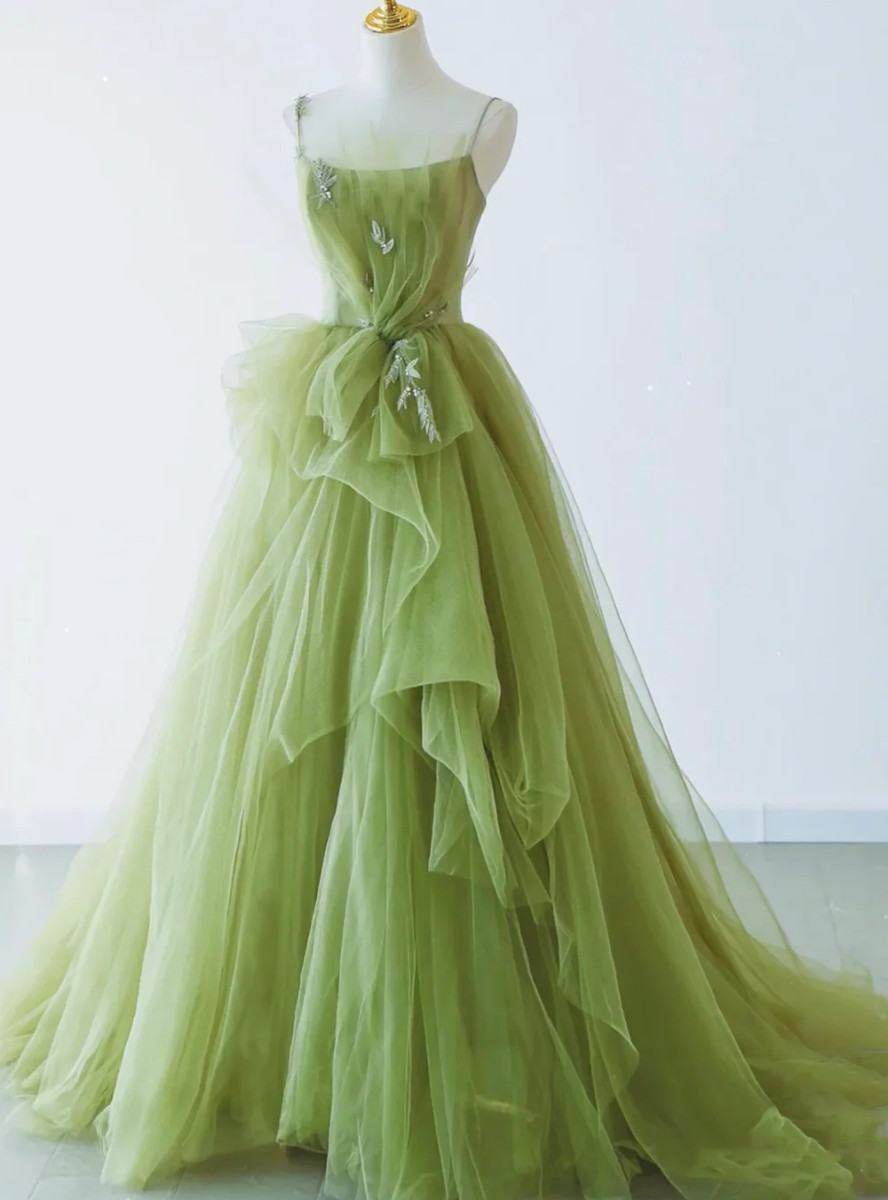 V-neck Spaghetti Straps Tulle A-line Mini Dress Green
