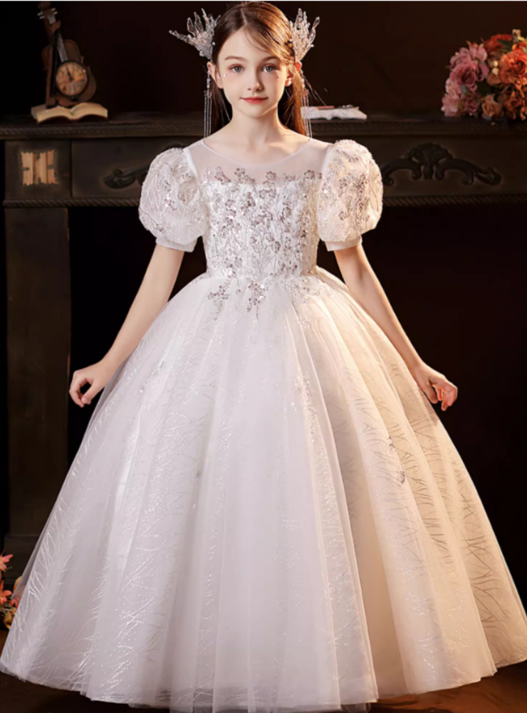 Ball Gown Square Neck Puff Sleeves Flower Girl Dresses with Ruched