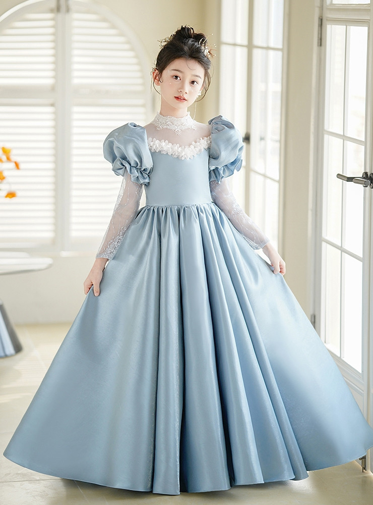 Cap Sleeves Acetate Satin Flower Girl Dresses Dusty Blue