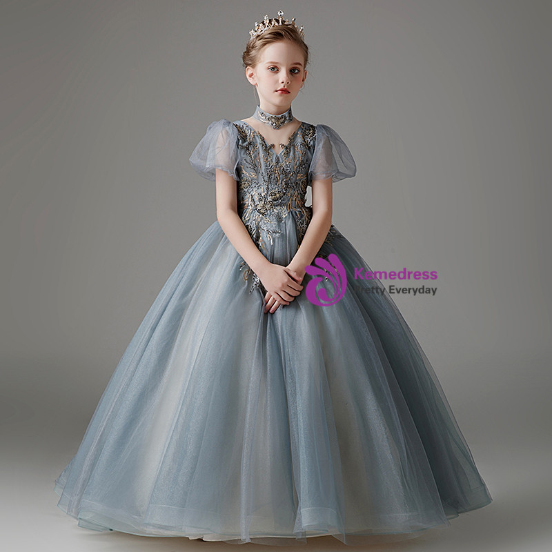 White Puffy Sleeves Crew Neck A-Line Flower Girl Dress