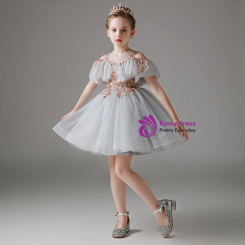 Pink tulle sequins short dress fashion dress C1330