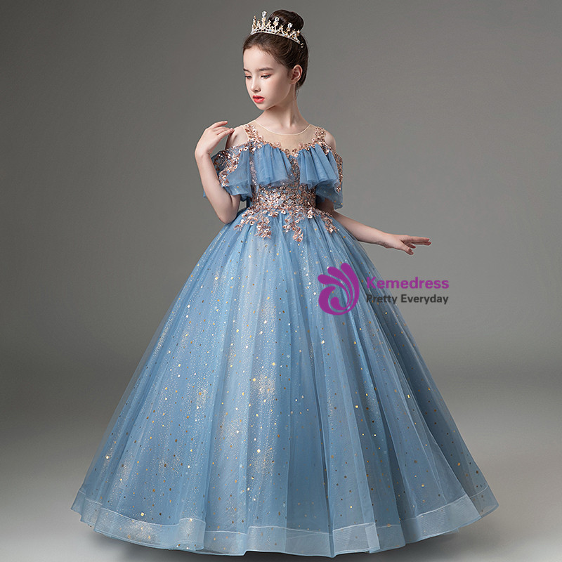 Scoop Neckline V-Back Floor-length Flower Girl Dress Ocean Blue