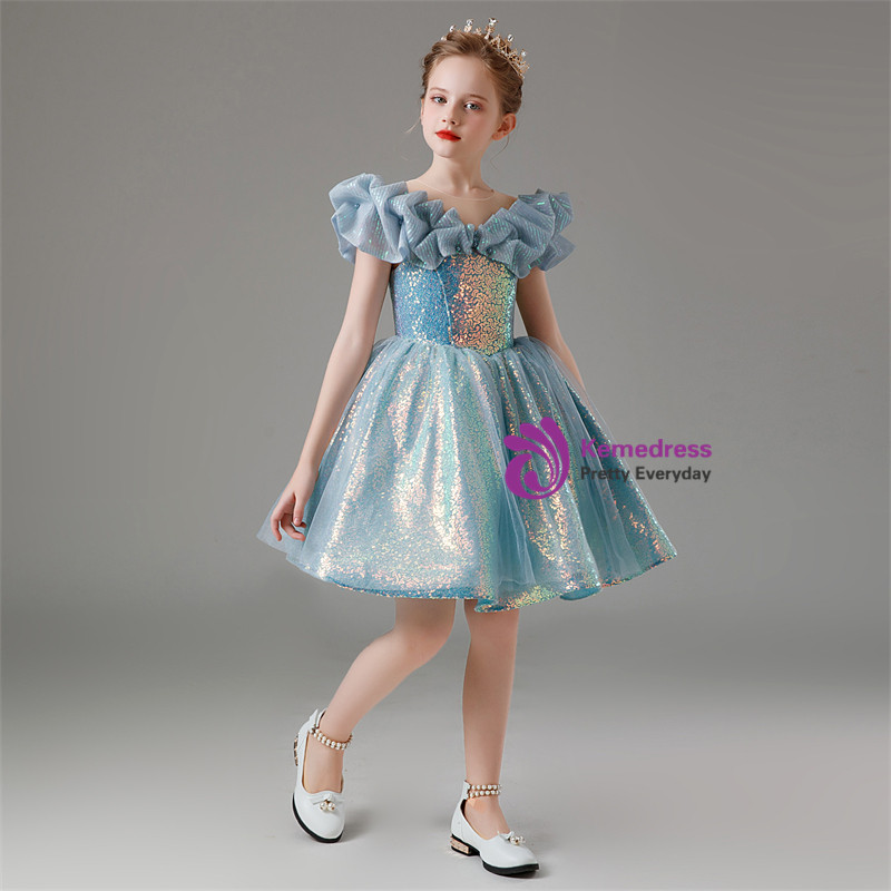 Blue Sequined Flower Girl Dress with Short Sleeves, Sparkly Children Dresses UQF0008