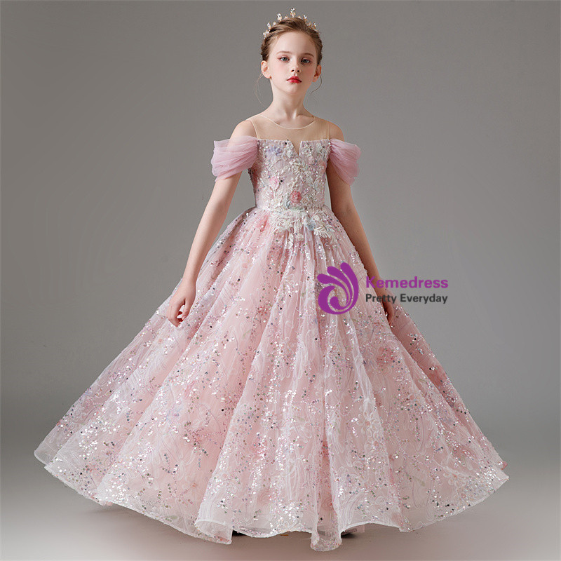 Ball-Gown/Princess Tulle Knee-length Pearl Pink Flower Girl Dress