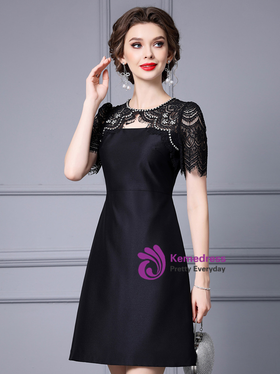 Elegant Black Satin Lace Mother of the Bride Dress Long Sleeve Formal Evening Gown, SFM016 main image 0