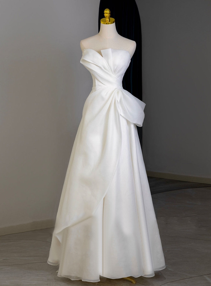 Amoris T825W Strapless Satin Bodice Pleated Skirt Fitted Off White Dress main image 1