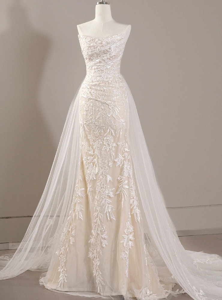 Elegant Strapless Satin Pleated Layered Mermaid Long Wedding Dress White Formal Bridal Dress