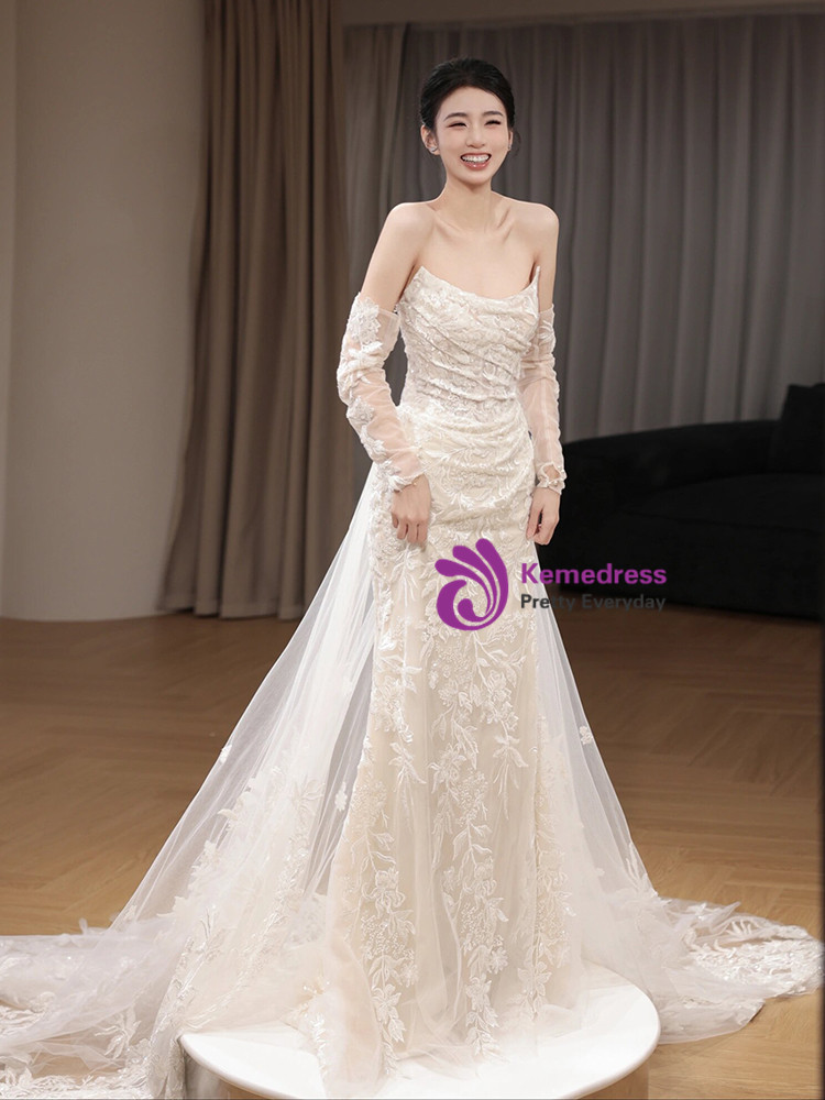 Classy Strapless White Lace Mermaid Party Dress Long Wedding Guest Dress SP1274 main image 0