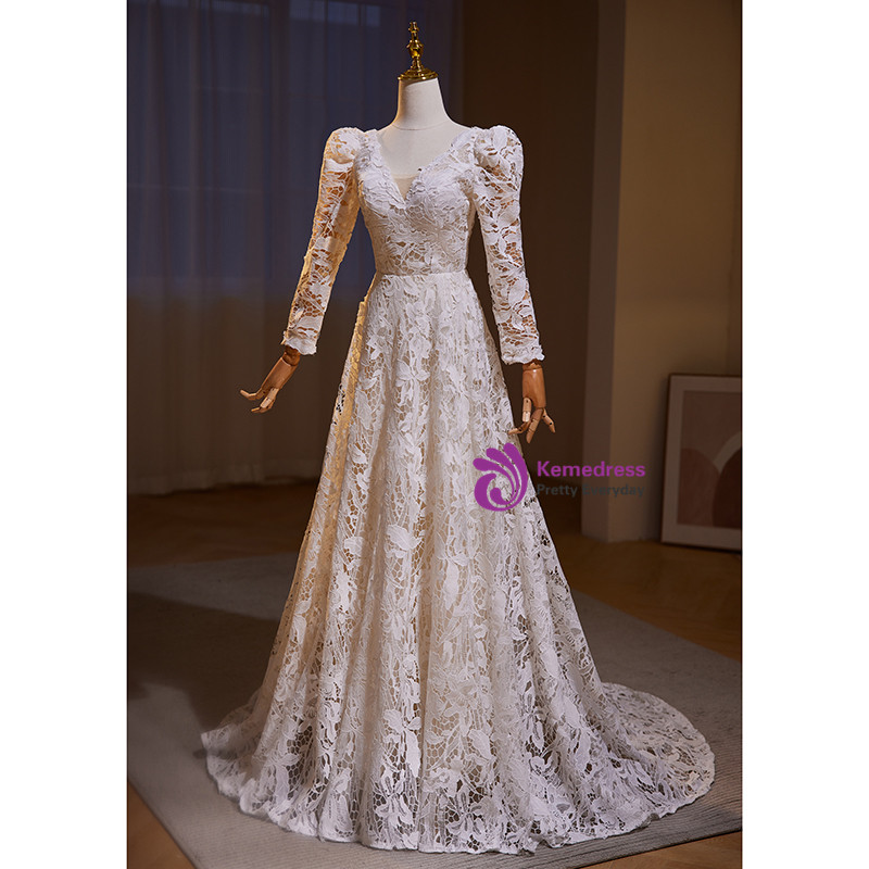 Pleated V Neck Wedding Gown White