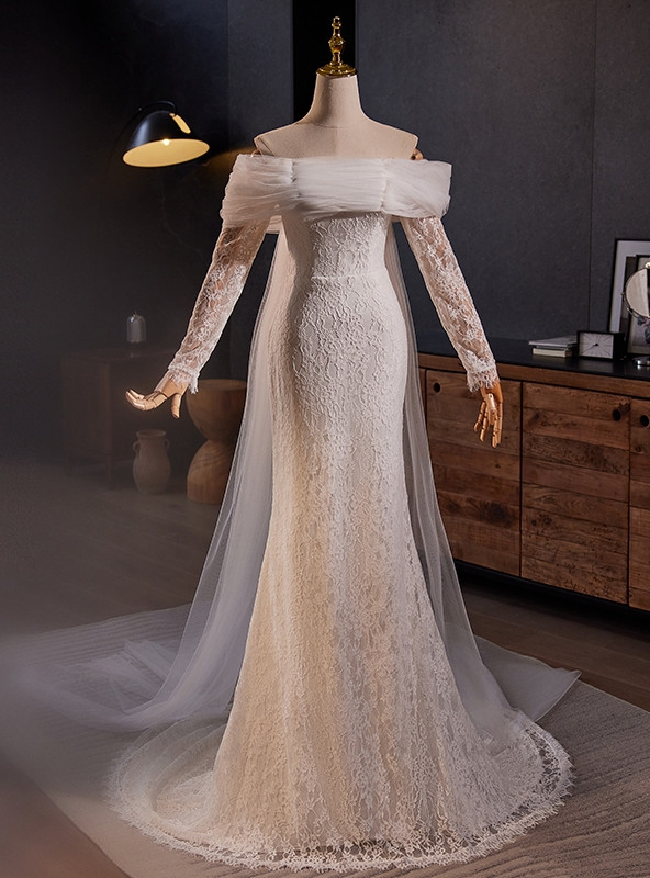Pretty White Satin Pleated Rose Flowers Tulle Mermaid Long Wedding Dress main image 1