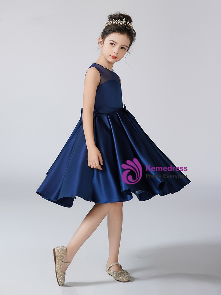 Bow Detail Flutter Sleeve Girl's Short Dress Dusty Blue