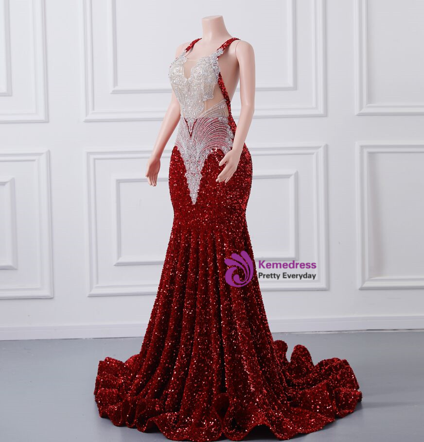 Sexy Sequins Burgundy Criss Cross Mermaid Prom Dress LBQ0610 main image 1