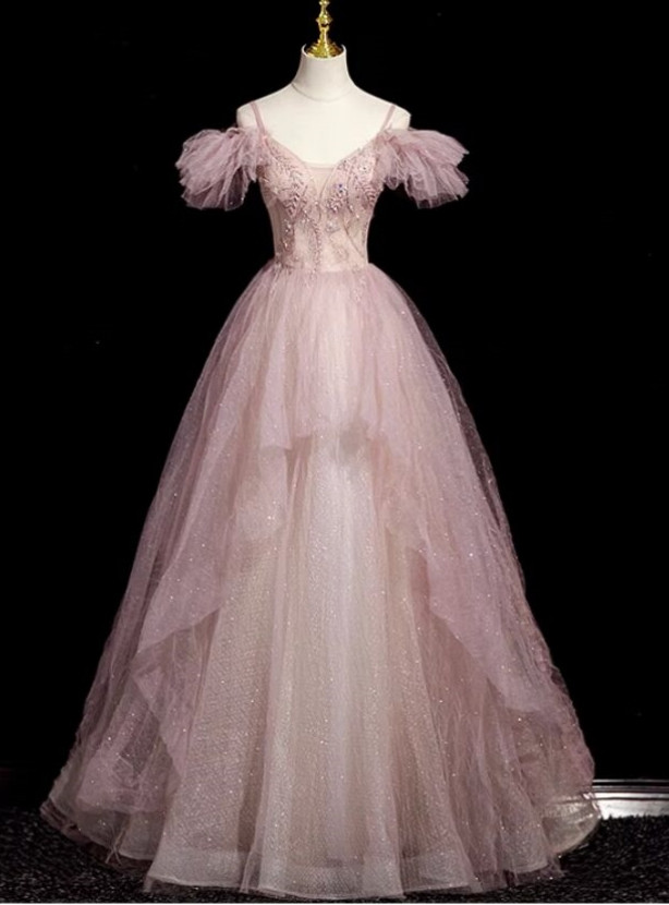 Spaghetti Straps Applique Corset Ruffle Tulle Dress Blushing Pink