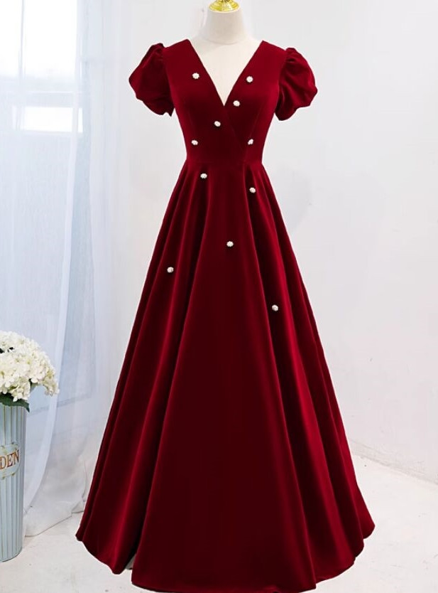 Pleated V-neck Ruffle Sheath Floor-length Dress Burgundy main image 1